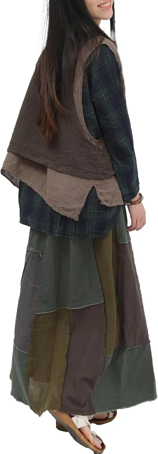 Women's Layered Patchwork 100% Linen Skirt - Boho Vintage A-Line Maxi Elastic Waist Irregular Hem