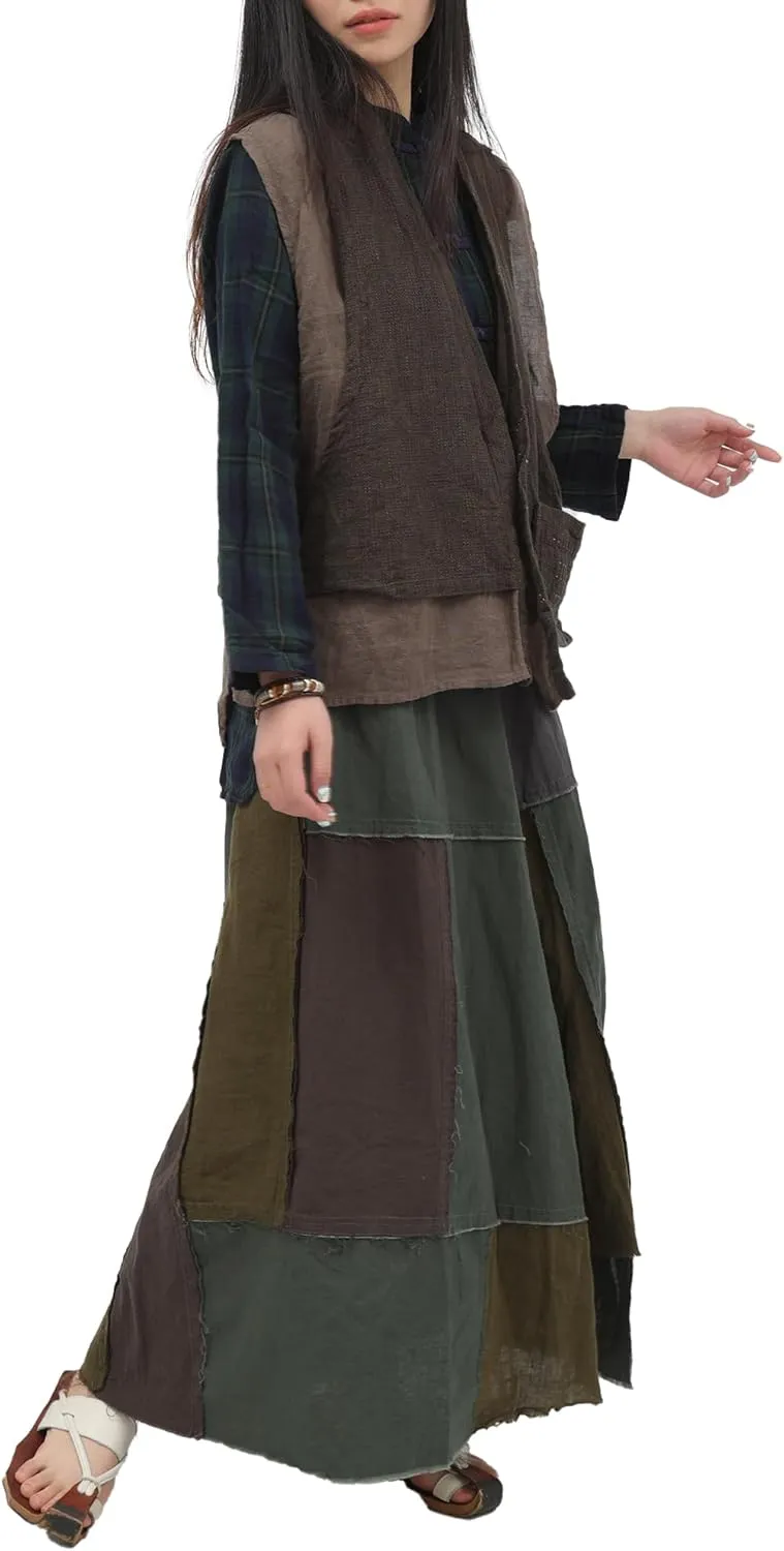 Women's Layered Patchwork 100% Linen Skirt - Boho Vintage A-Line Maxi Elastic Waist Irregular Hem