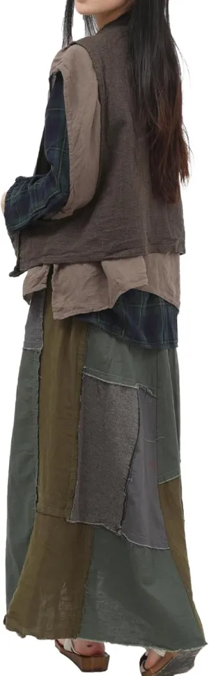 Women's Layered Patchwork 100% Linen Skirt - Boho Vintage A-Line Maxi Elastic Waist Irregular Hem