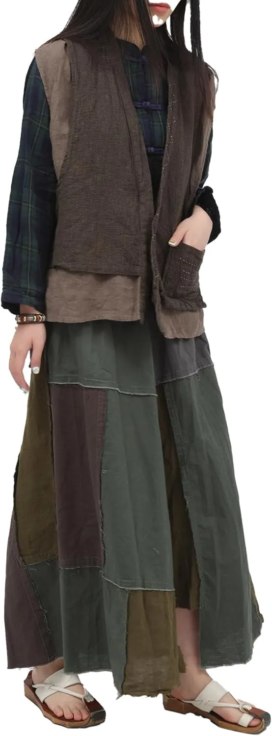 Women's Layered Patchwork 100% Linen Skirt - Boho Vintage A-Line Maxi Elastic Waist Irregular Hem
