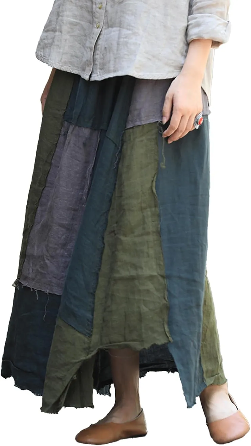 Women's Layered Patchwork 100% Linen Skirt - Boho Vintage A-Line Maxi Elastic Waist Irregular Hem