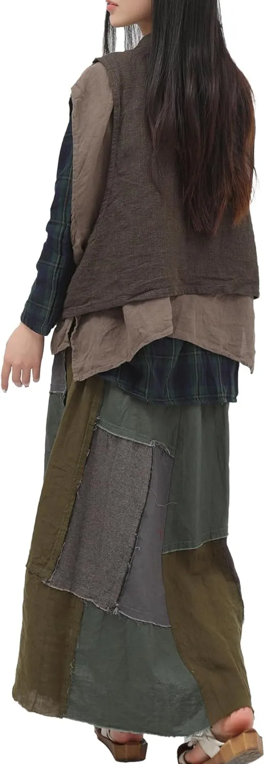 Women's Layered Patchwork 100% Linen Skirt - Boho Vintage A-Line Maxi Elastic Waist Irregular Hem