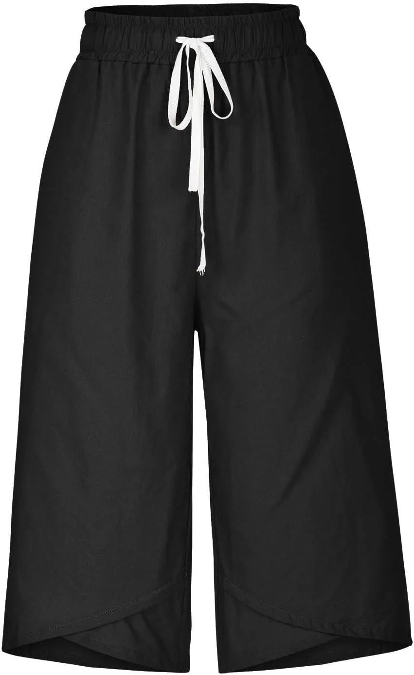 Women's Linen Capris Drawstring Knee High Loose Fitting Cropped Trouser Straight Wide Leg Pocketed Pant Casual 2025