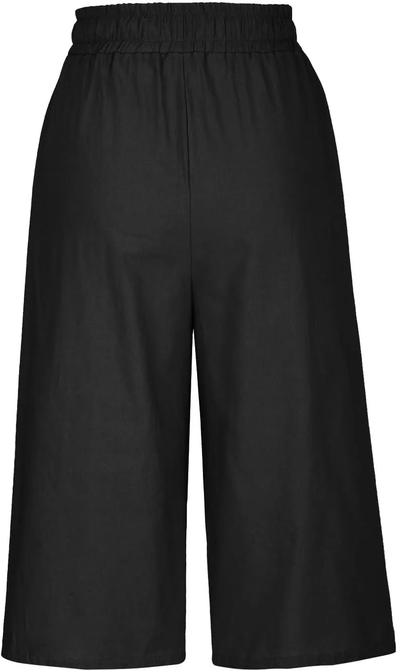 Women's Linen Capris Drawstring Knee High Loose Fitting Cropped Trouser Straight Wide Leg Pocketed Pant Casual 2025