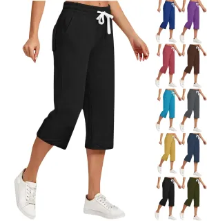 Women's Linen Capris Drawstring Knee High Loose Fitting Cropped Trouser Straight Wide Leg Pocketed Pant Casual 2025