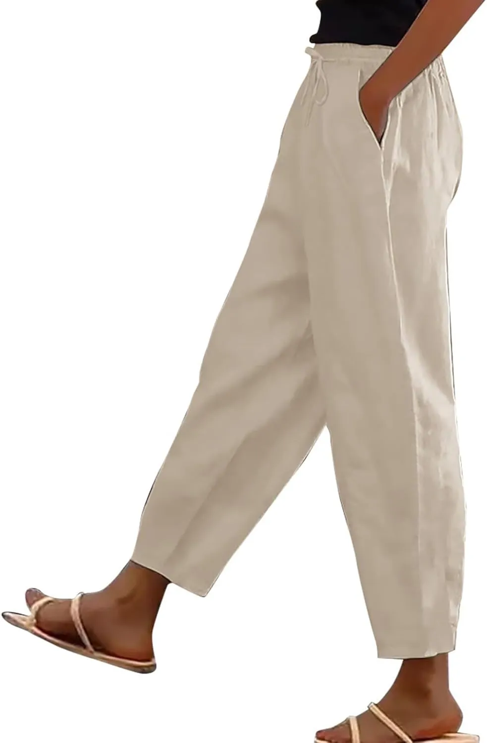 Women's Linen Pants Casual Side Button Linen Beach Pants Women Elastic Waisted Linen Pant Trousers with Pockets