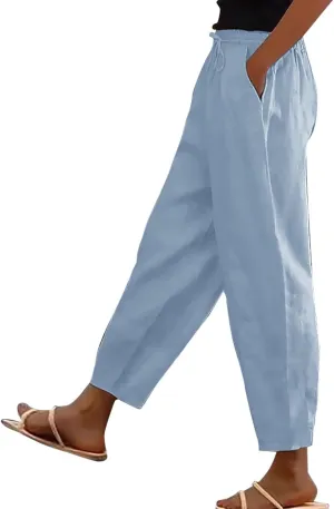 Women's Linen Pants Casual Side Button Linen Beach Pants Women Elastic Waisted Linen Pant Trousers with Pockets