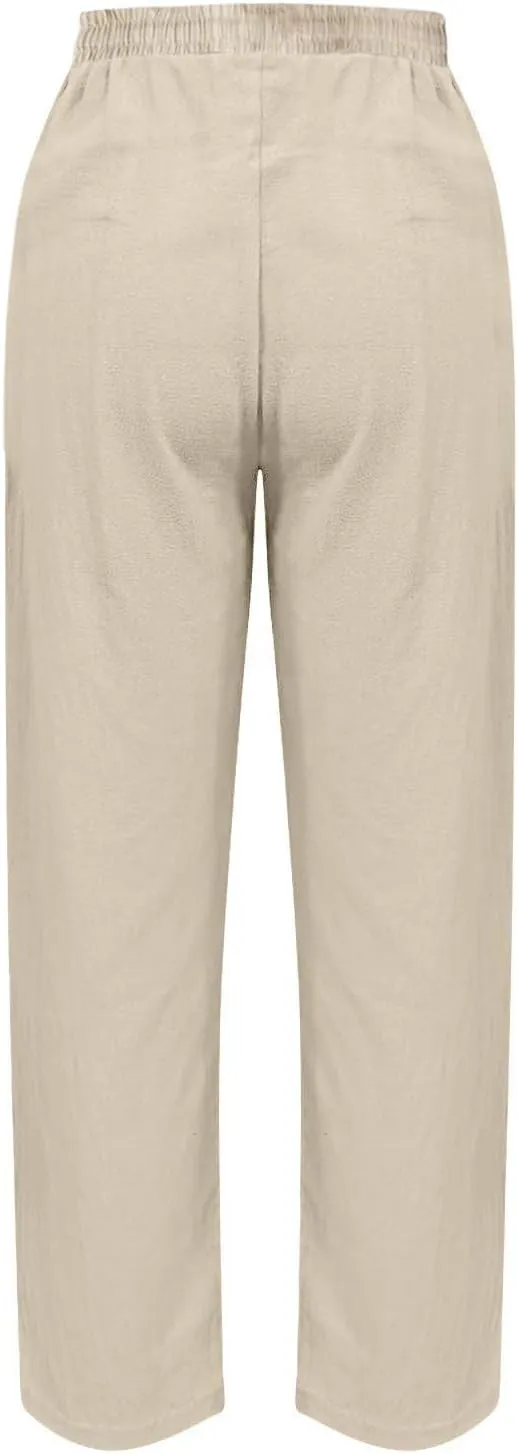 Women's Linen Pants Casual Side Button Linen Beach Pants Women Elastic Waisted Linen Pant Trousers with Pockets