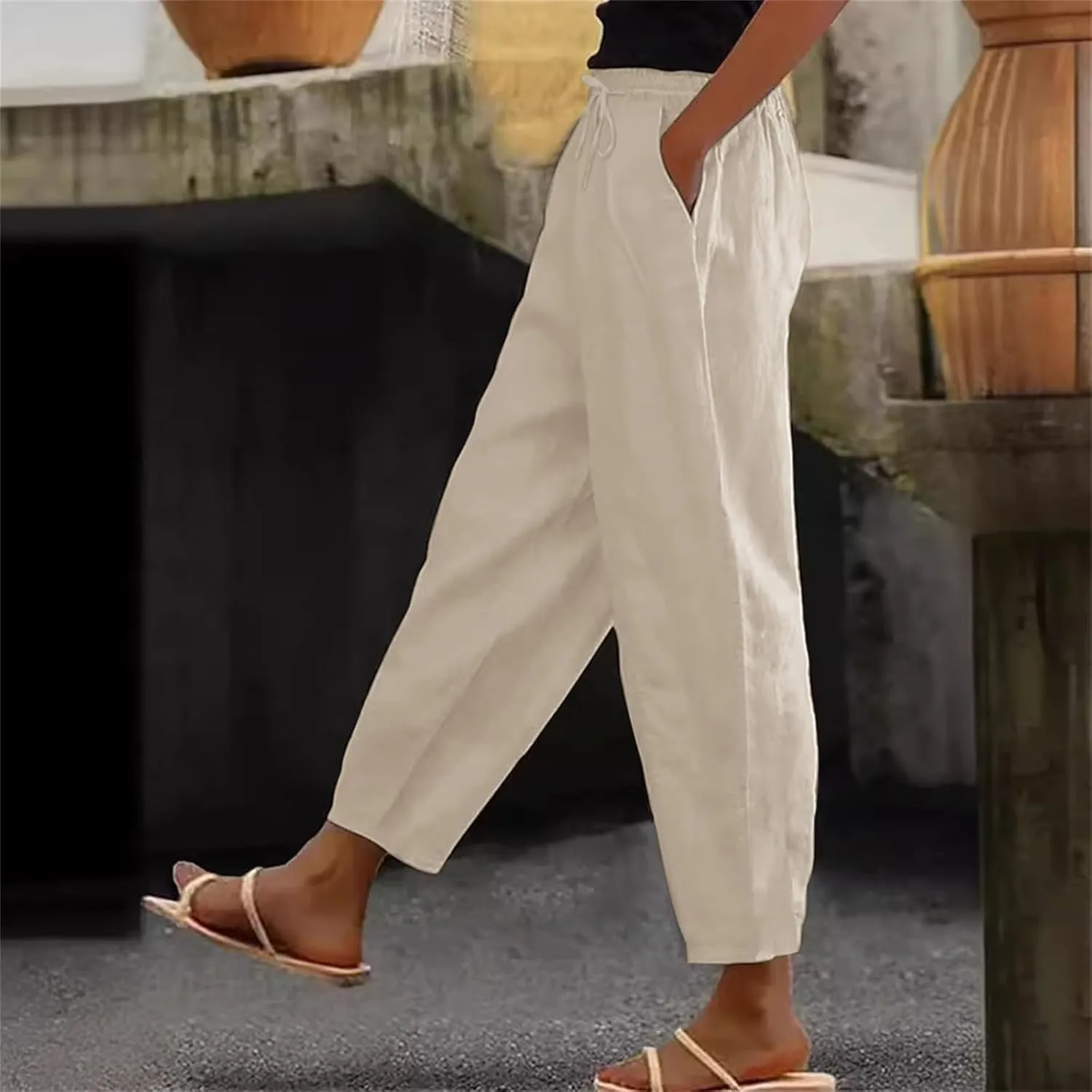 Women's Linen Pants Casual Side Button Linen Beach Pants Women Elastic Waisted Linen Pant Trousers with Pockets