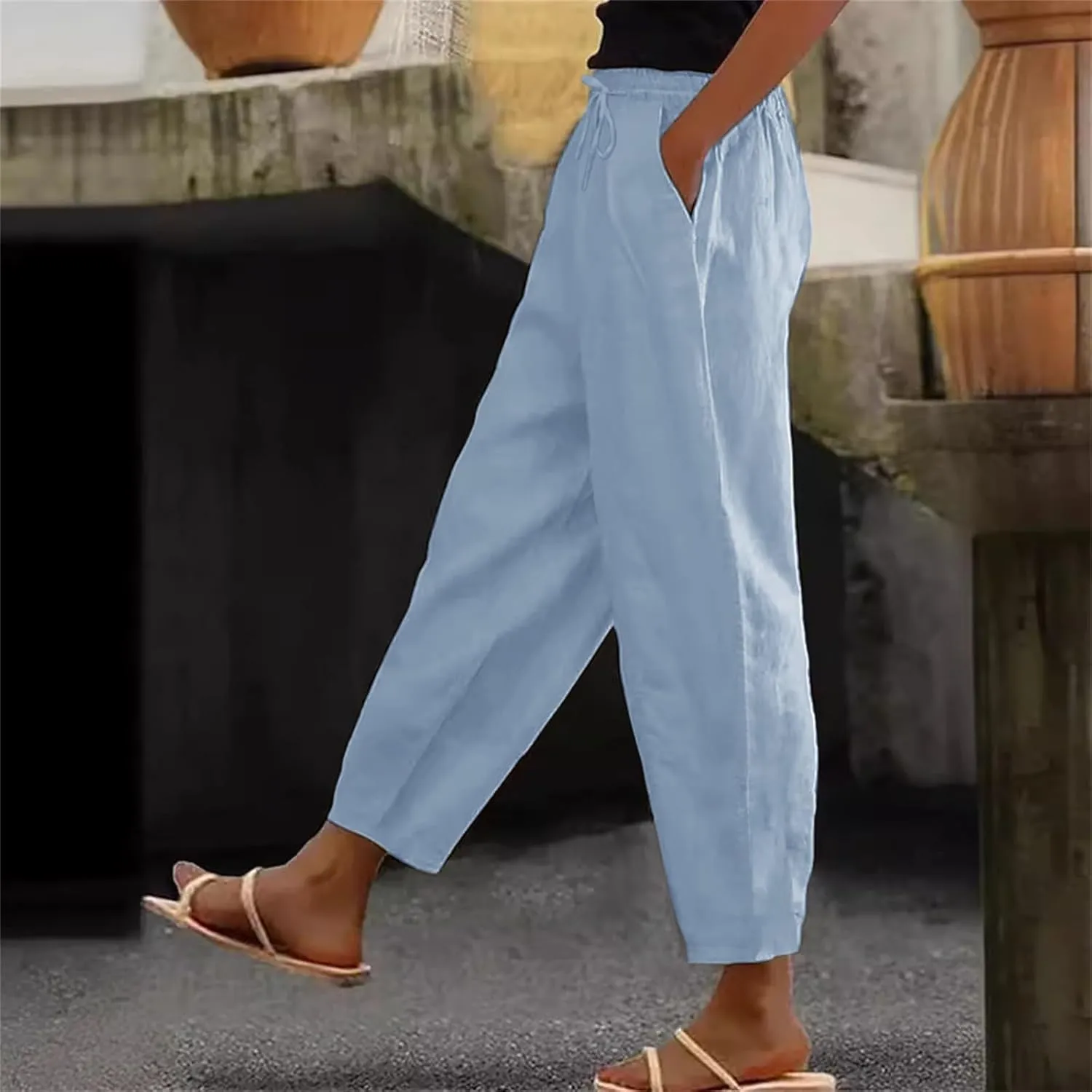 Women's Linen Pants Casual Side Button Linen Beach Pants Women Elastic Waisted Linen Pant Trousers with Pockets