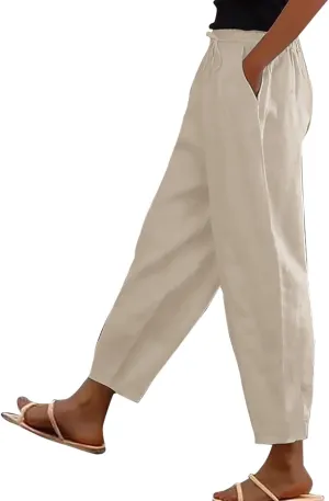 Women's Linen Pants Casual Side Button Linen Beach Pants Women Elastic Waisted Linen Pant Trousers with Pockets
