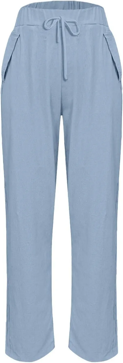 Women's Linen Pants Casual Side Button Linen Beach Pants Women Elastic Waisted Linen Pant Trousers with Pockets