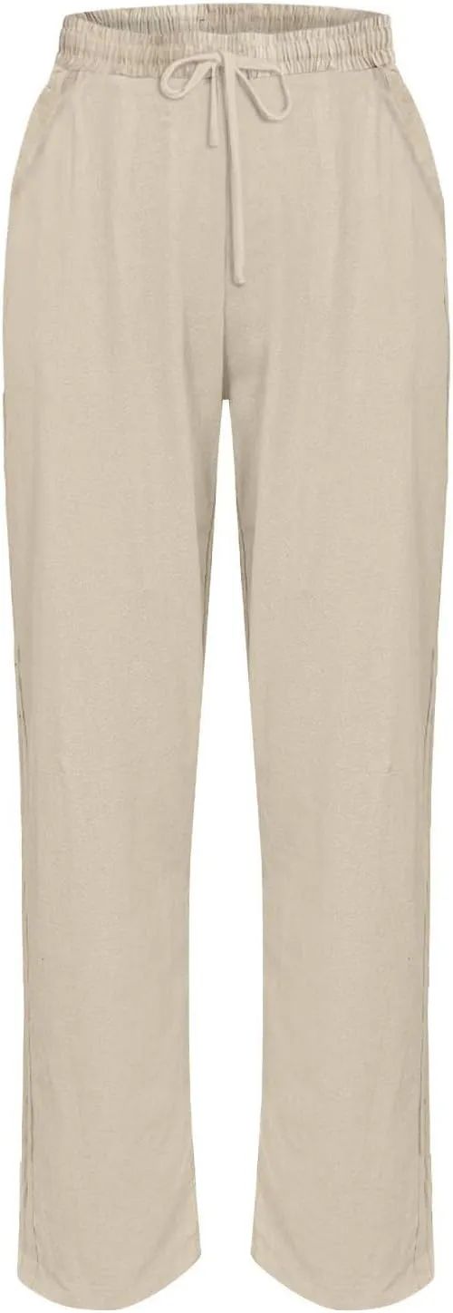 Women's Linen Pants Casual Side Button Linen Beach Pants Women Elastic Waisted Linen Pant Trousers with Pockets