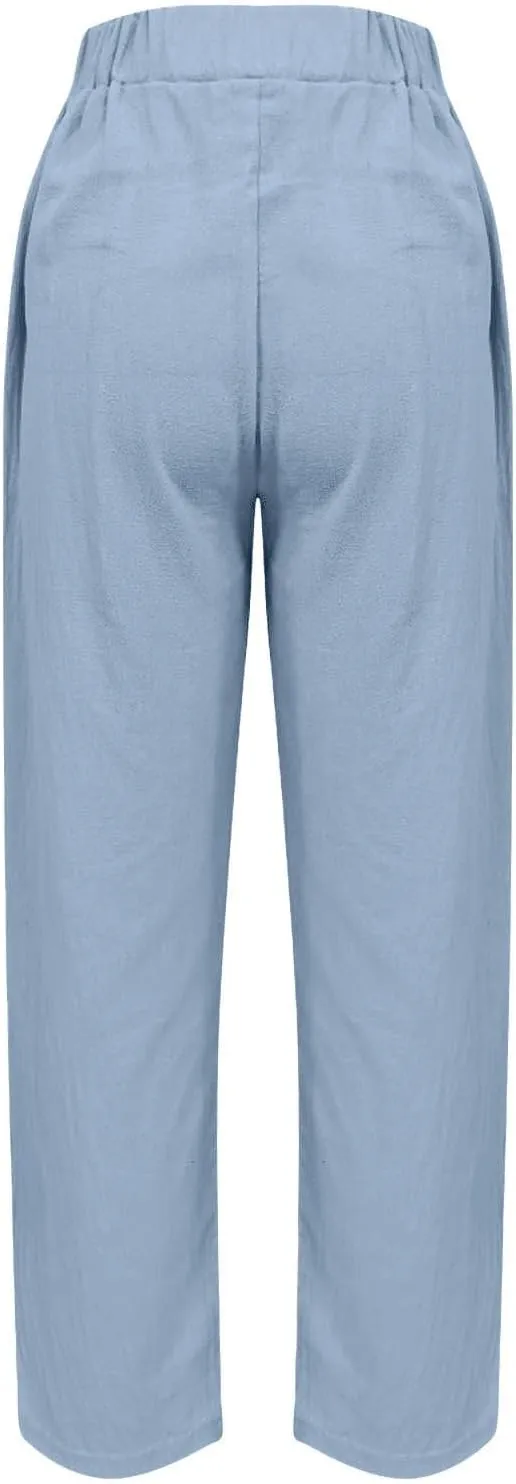 Women's Linen Pants Casual Side Button Linen Beach Pants Women Elastic Waisted Linen Pant Trousers with Pockets