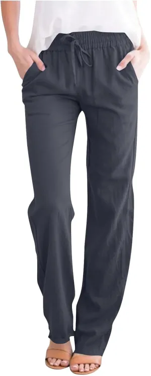 Womens Linen Pants Drawstring High Waisted Linen Pants Summer Casual Beach Wide Leg Pants Trousers with Pockets