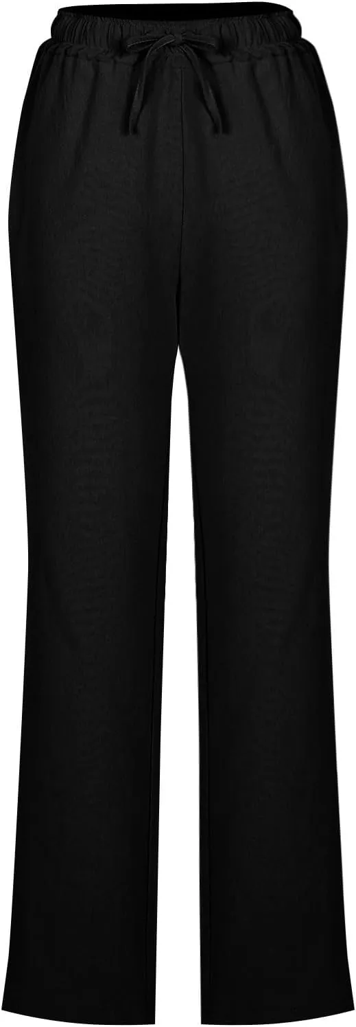 Womens Linen Pants Drawstring High Waisted Linen Pants Summer Casual Beach Wide Leg Pants Trousers with Pockets
