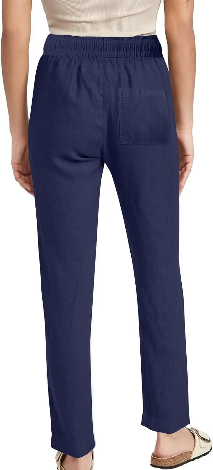 Womens Linen Pants Drawstring High Waisted Linen Pants Summer Casual Beach Wide Leg Pants Trousers with Pockets