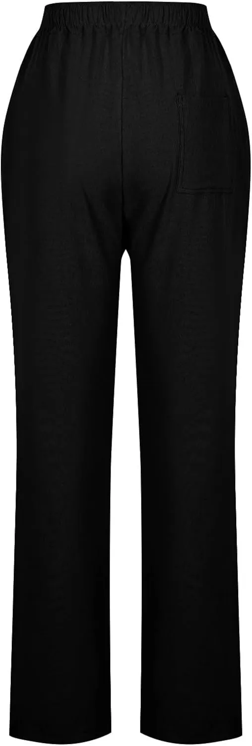 Womens Linen Pants Drawstring High Waisted Linen Pants Summer Casual Beach Wide Leg Pants Trousers with Pockets