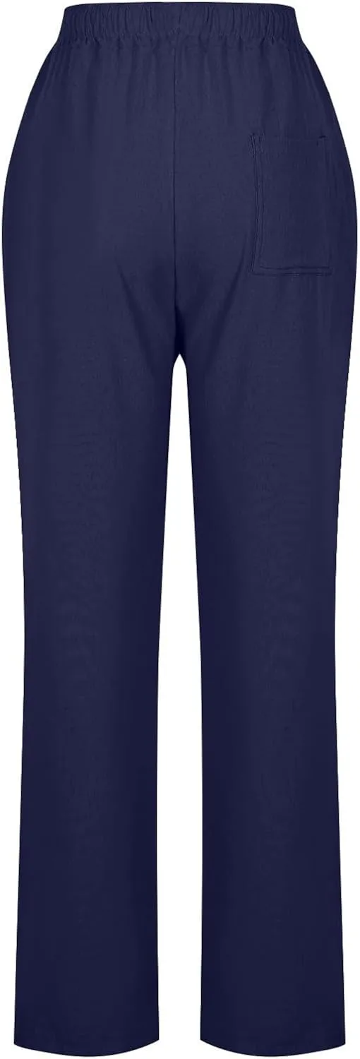 Womens Linen Pants Drawstring High Waisted Linen Pants Summer Casual Beach Wide Leg Pants Trousers with Pockets