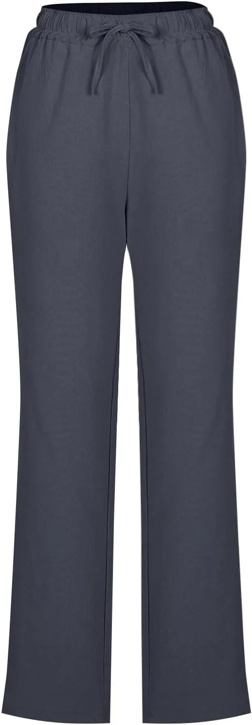 Womens Linen Pants Drawstring High Waisted Linen Pants Summer Casual Beach Wide Leg Pants Trousers with Pockets