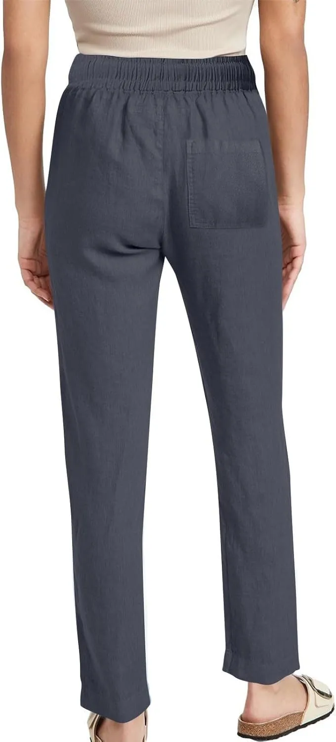 Womens Linen Pants Drawstring High Waisted Linen Pants Summer Casual Beach Wide Leg Pants Trousers with Pockets