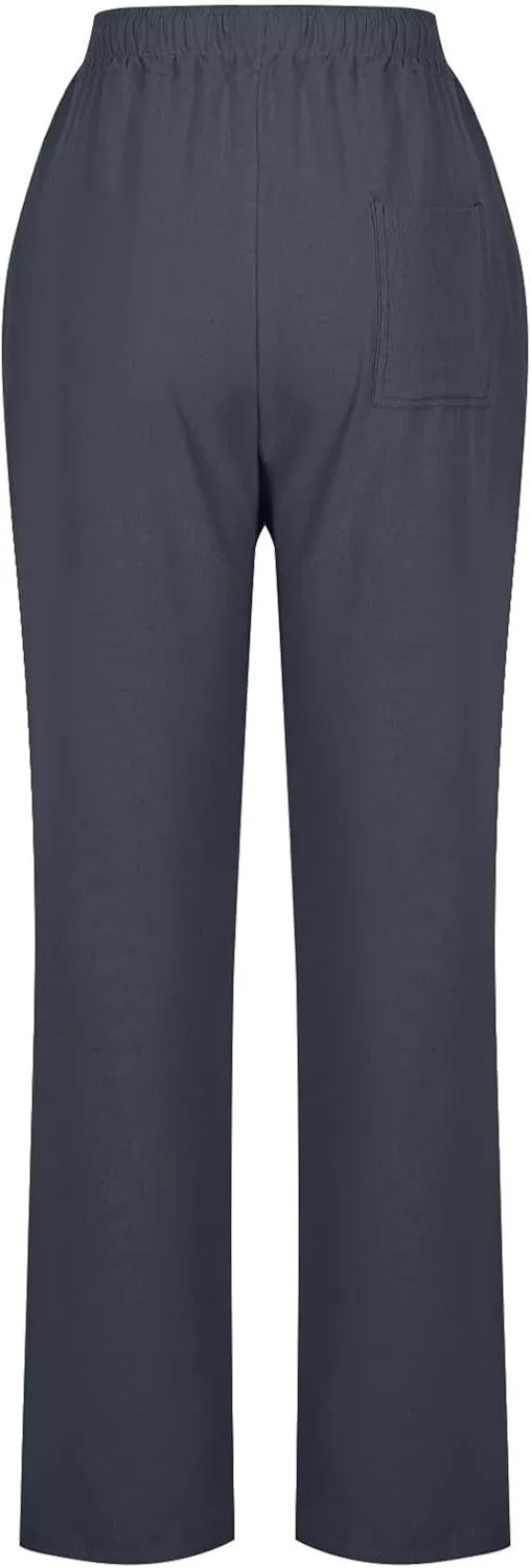 Womens Linen Pants Drawstring High Waisted Linen Pants Summer Casual Beach Wide Leg Pants Trousers with Pockets