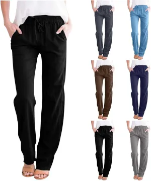 Womens Linen Pants Drawstring High Waisted Linen Pants Summer Casual Beach Wide Leg Pants Trousers with Pockets
