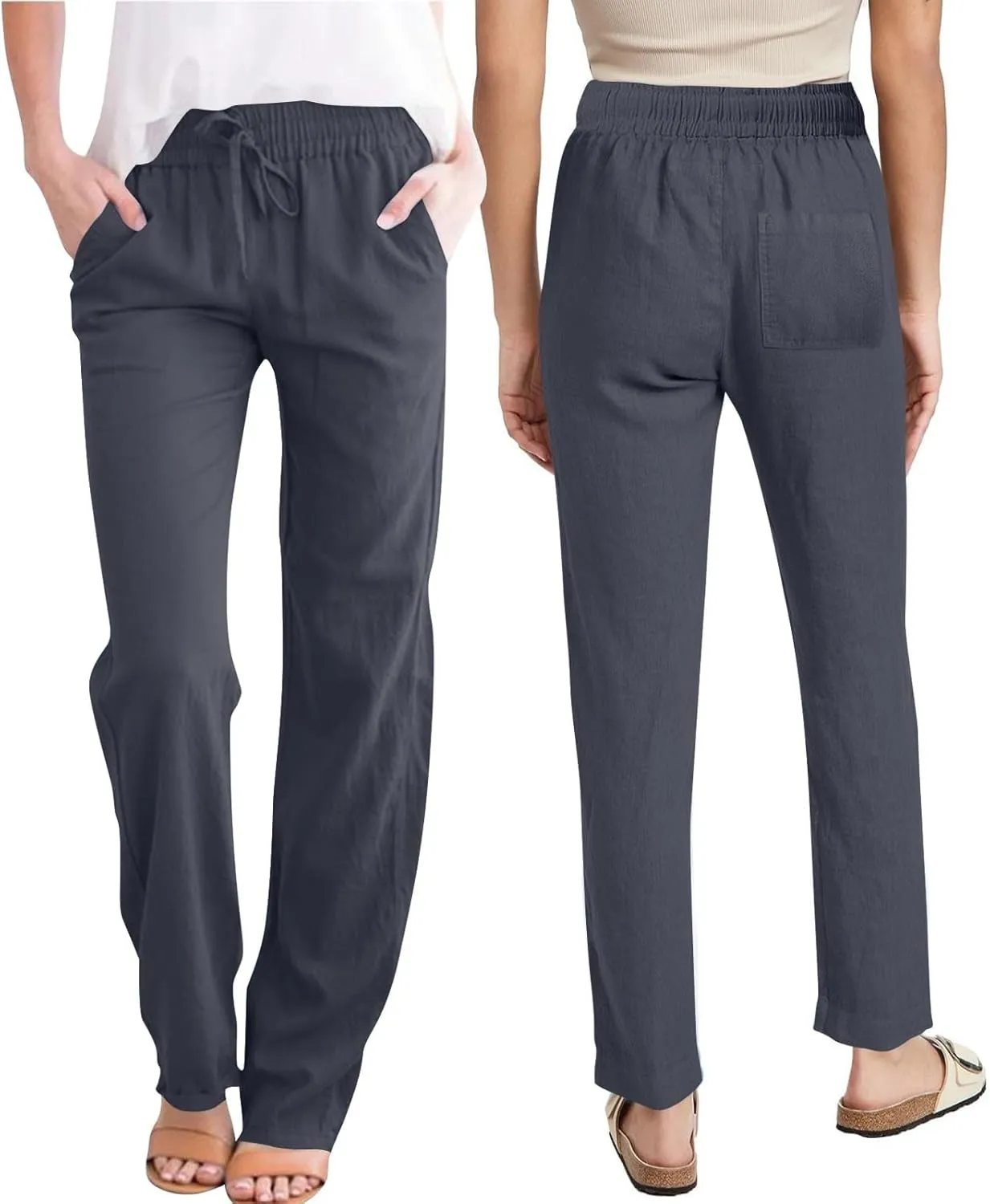 Womens Linen Pants Drawstring High Waisted Linen Pants Summer Casual Beach Wide Leg Pants Trousers with Pockets