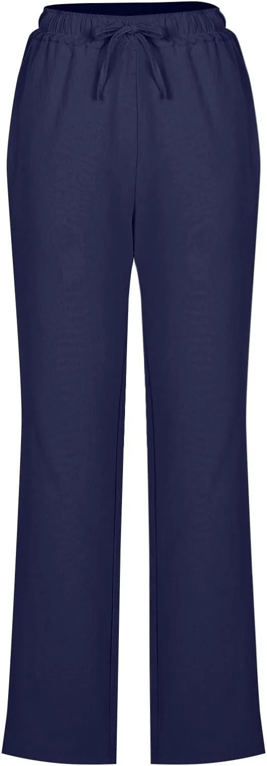 Womens Linen Pants Drawstring High Waisted Linen Pants Summer Casual Beach Wide Leg Pants Trousers with Pockets
