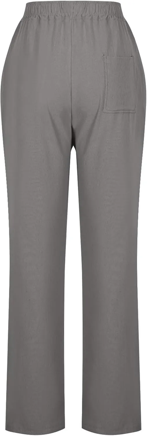 Womens Linen Pants Drawstring High Waisted Linen Pants Summer Casual Beach Wide Leg Pants Trousers with Pockets