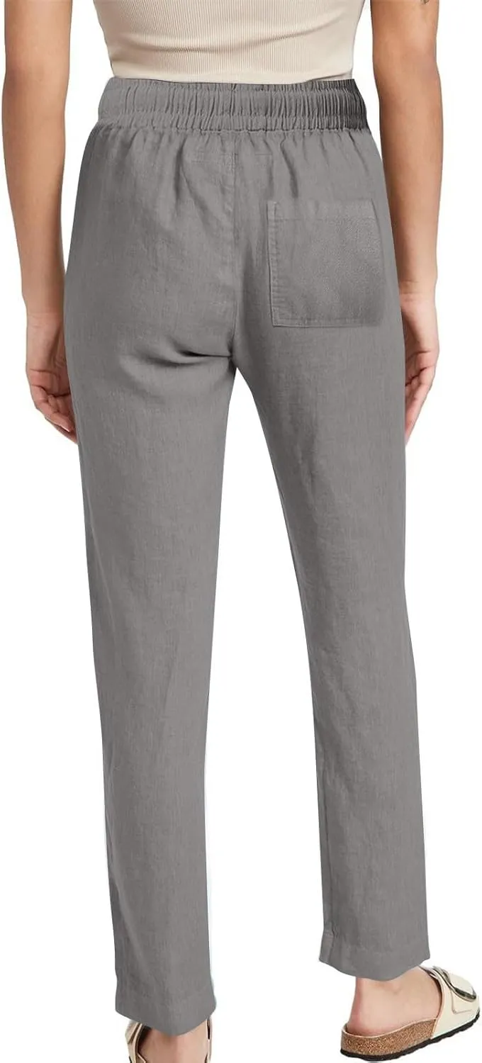 Womens Linen Pants Drawstring High Waisted Linen Pants Summer Casual Beach Wide Leg Pants Trousers with Pockets