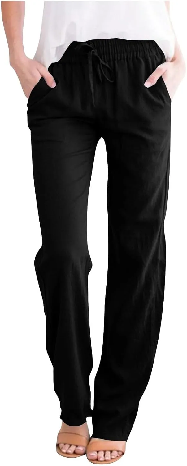 Womens Linen Pants Drawstring High Waisted Linen Pants Summer Casual Beach Wide Leg Pants Trousers with Pockets
