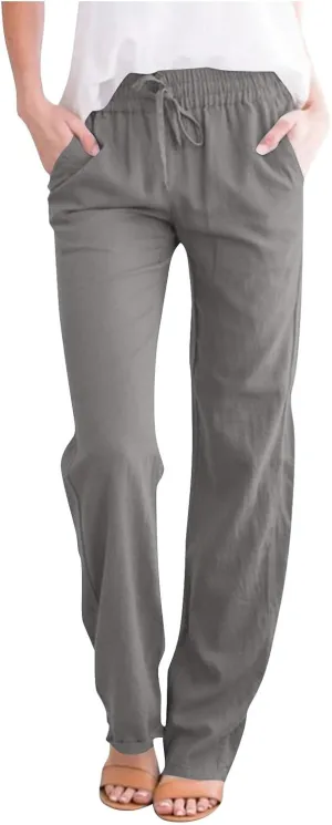 Womens Linen Pants Drawstring High Waisted Linen Pants Summer Casual Beach Wide Leg Pants Trousers with Pockets