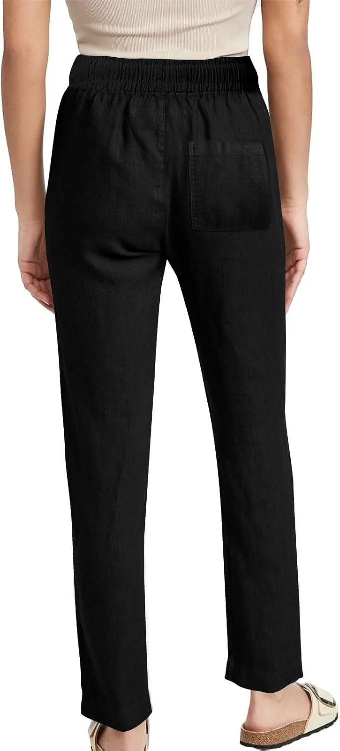 Womens Linen Pants Drawstring High Waisted Linen Pants Summer Casual Beach Wide Leg Pants Trousers with Pockets