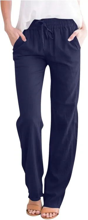 Womens Linen Pants Drawstring High Waisted Linen Pants Summer Casual Beach Wide Leg Pants Trousers with Pockets