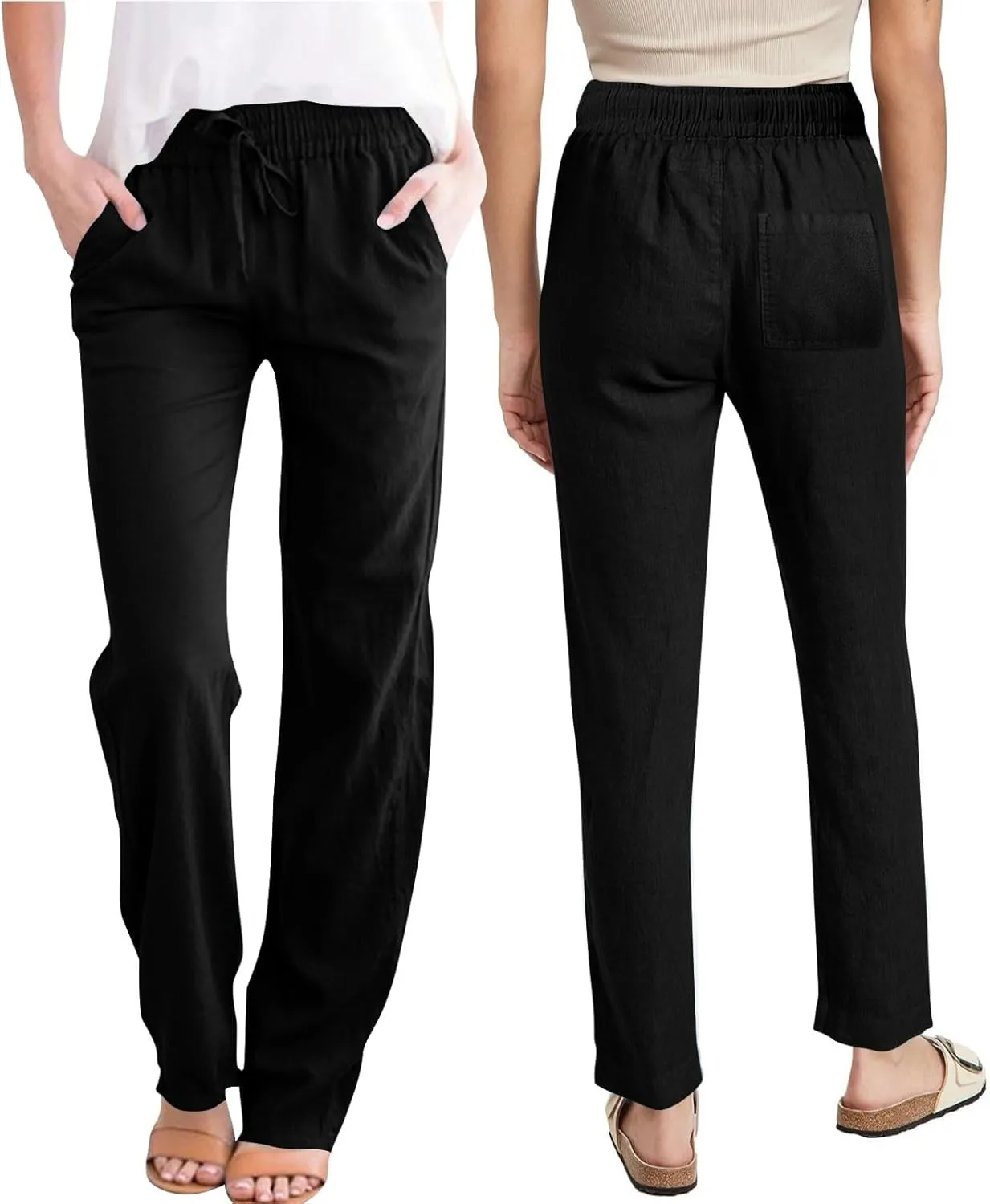 Womens Linen Pants Drawstring High Waisted Linen Pants Summer Casual Beach Wide Leg Pants Trousers with Pockets