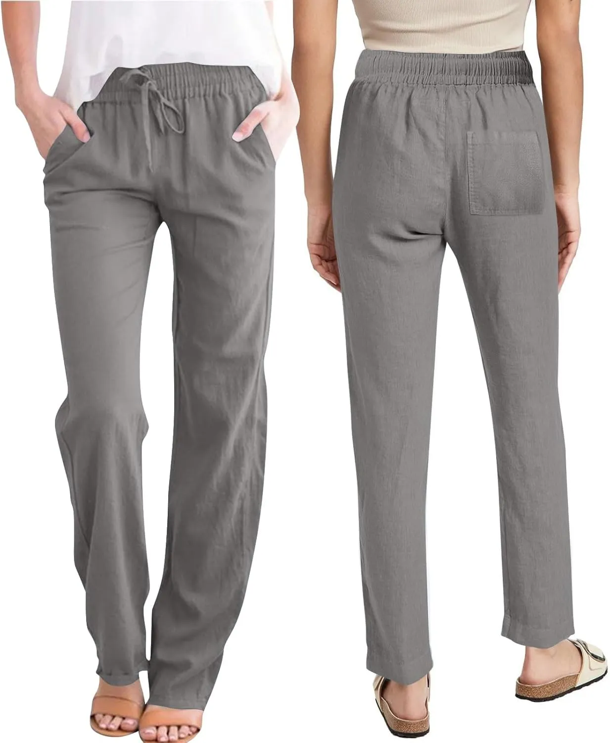 Womens Linen Pants Drawstring High Waisted Linen Pants Summer Casual Beach Wide Leg Pants Trousers with Pockets