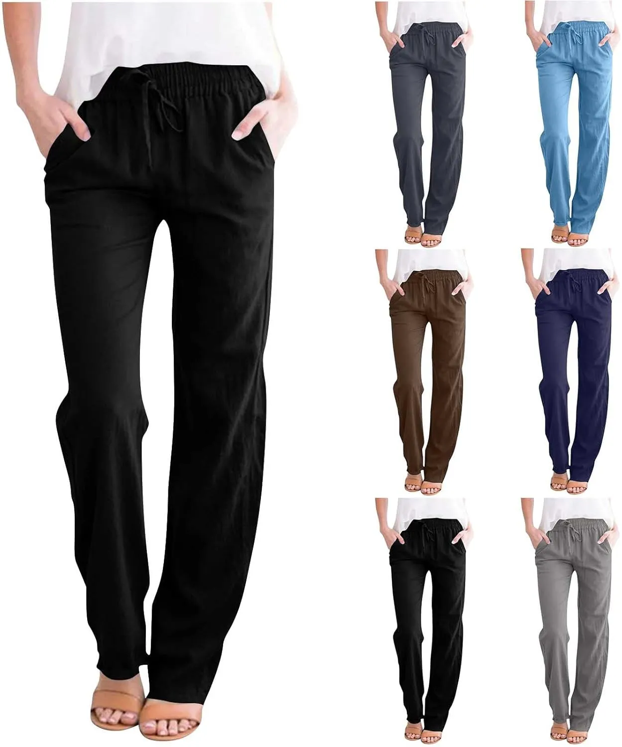 Womens Linen Pants Drawstring High Waisted Linen Pants Summer Casual Beach Wide Leg Pants Trousers with Pockets
