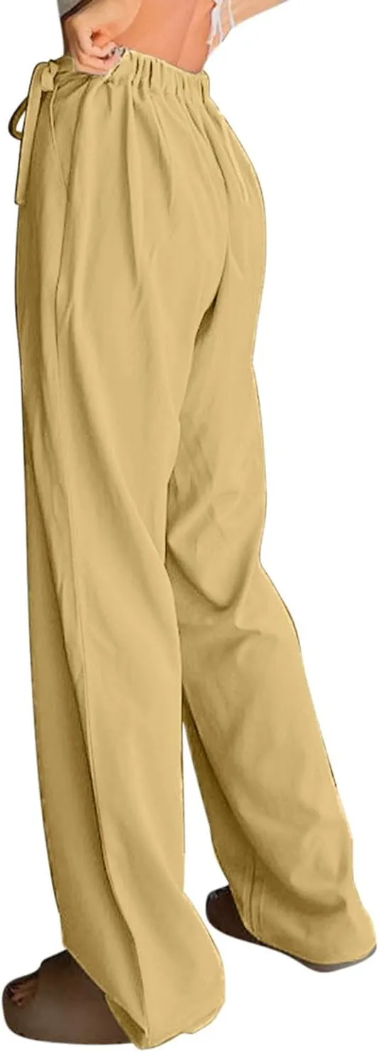 Womens Linen Pants Straight Leg High Waist Linen Pants Women Summer Dressy Drawstring Wide Leg Flowy Pants Trousers
