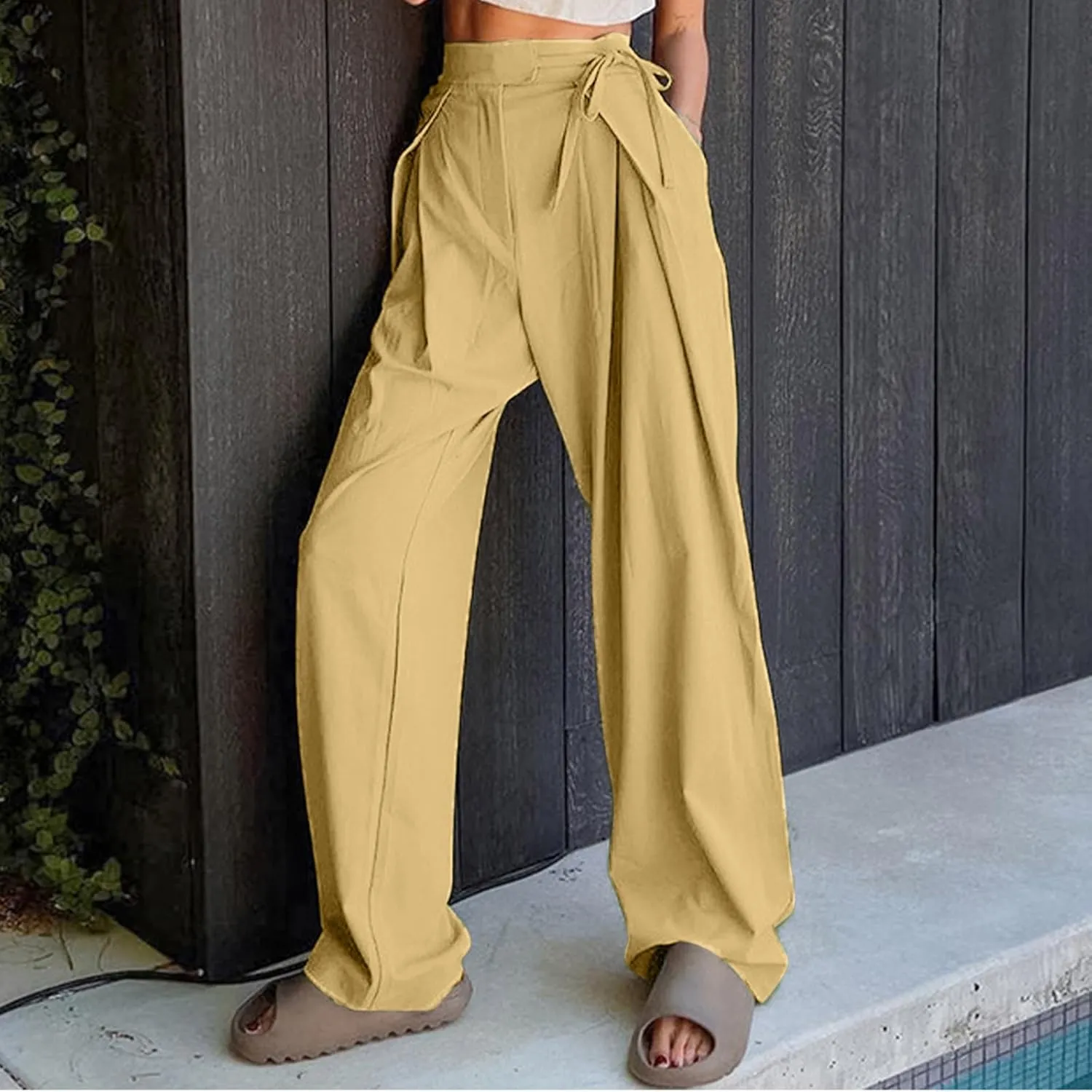 Womens Linen Pants Straight Leg High Waist Linen Pants Women Summer Dressy Drawstring Wide Leg Flowy Pants Trousers