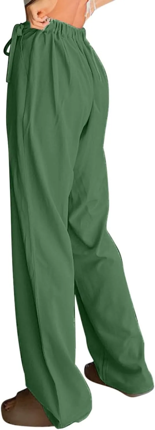 Womens Linen Pants Straight Leg High Waist Linen Pants Women Summer Dressy Drawstring Wide Leg Flowy Pants Trousers