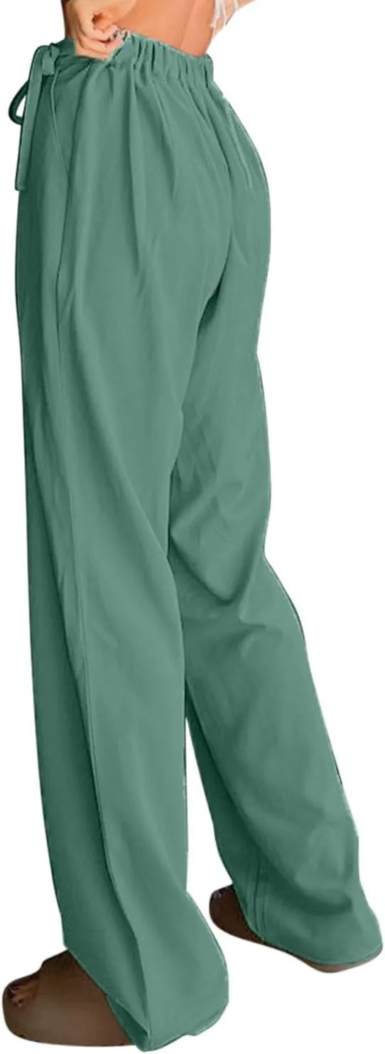 Womens Linen Pants Straight Leg High Waist Linen Pants Women Summer Dressy Drawstring Wide Leg Flowy Pants Trousers