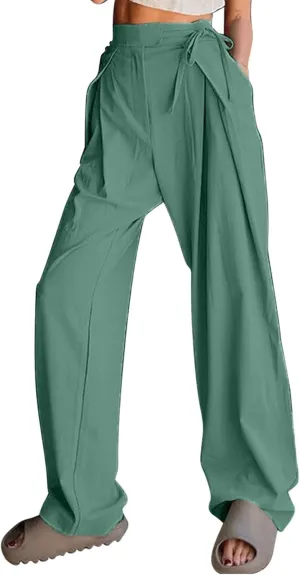 Womens Linen Pants Straight Leg High Waist Linen Pants Women Summer Dressy Drawstring Wide Leg Flowy Pants Trousers
