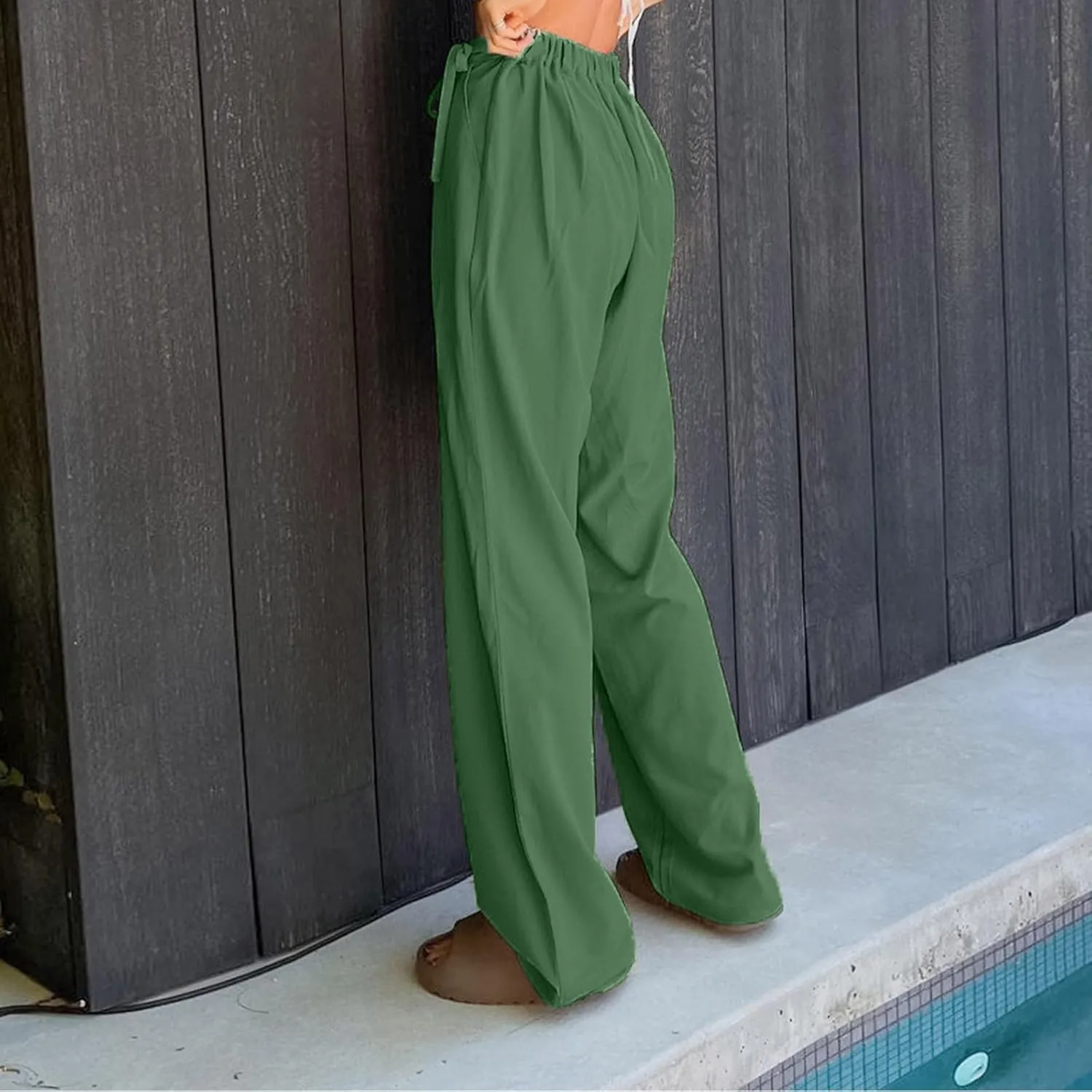 Womens Linen Pants Straight Leg High Waist Linen Pants Women Summer Dressy Drawstring Wide Leg Flowy Pants Trousers