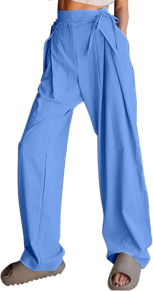 Womens Linen Pants Straight Leg High Waist Linen Pants Women Summer Dressy Drawstring Wide Leg Flowy Pants Trousers