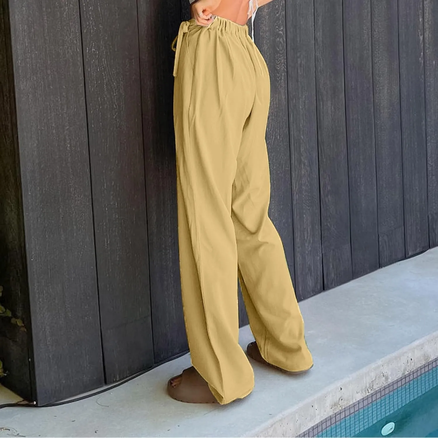 Womens Linen Pants Straight Leg High Waist Linen Pants Women Summer Dressy Drawstring Wide Leg Flowy Pants Trousers
