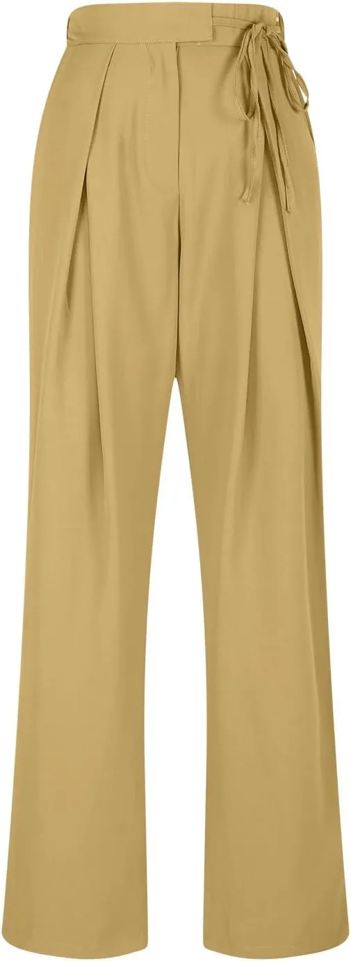Womens Linen Pants Straight Leg High Waist Linen Pants Women Summer Dressy Drawstring Wide Leg Flowy Pants Trousers