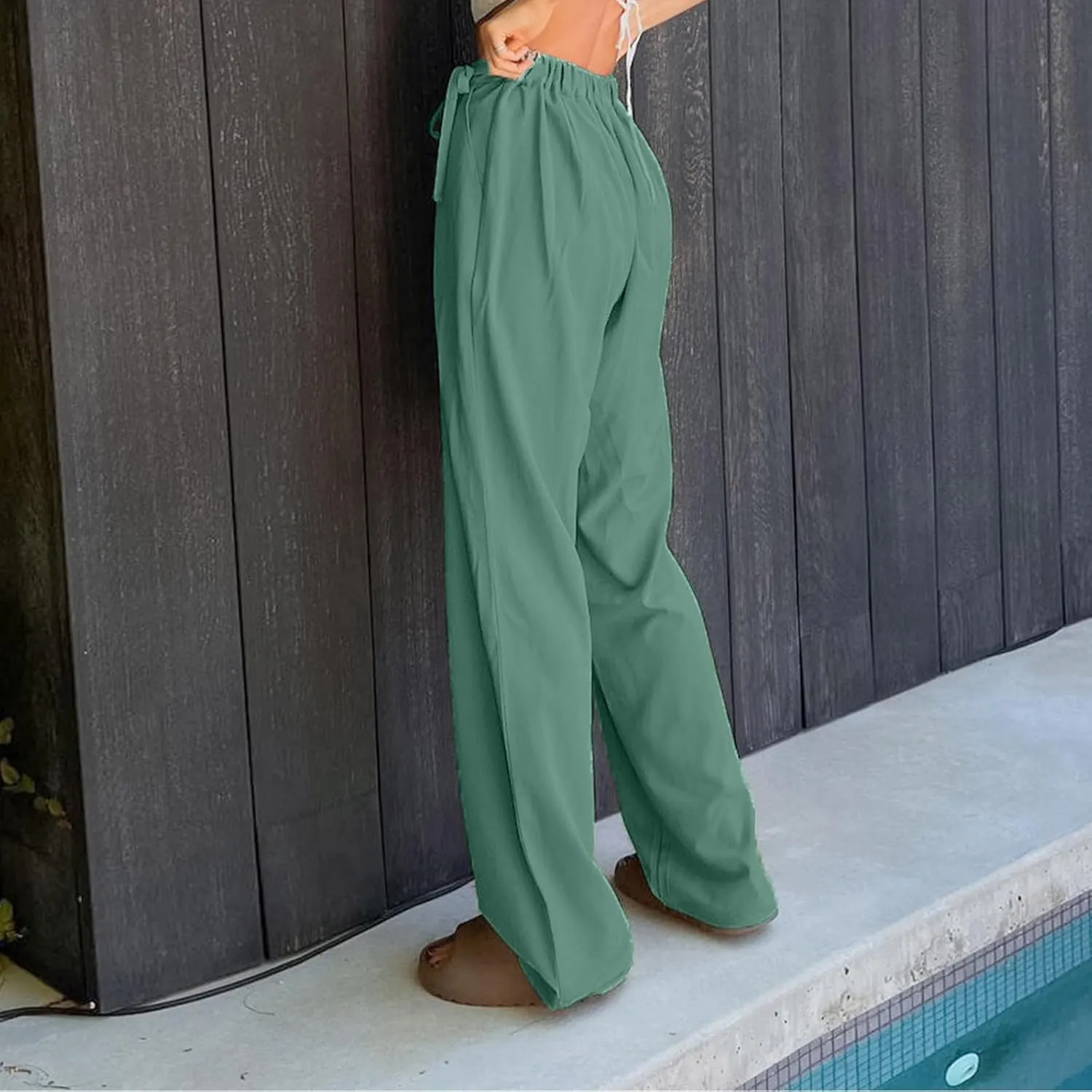 Womens Linen Pants Straight Leg High Waist Linen Pants Women Summer Dressy Drawstring Wide Leg Flowy Pants Trousers