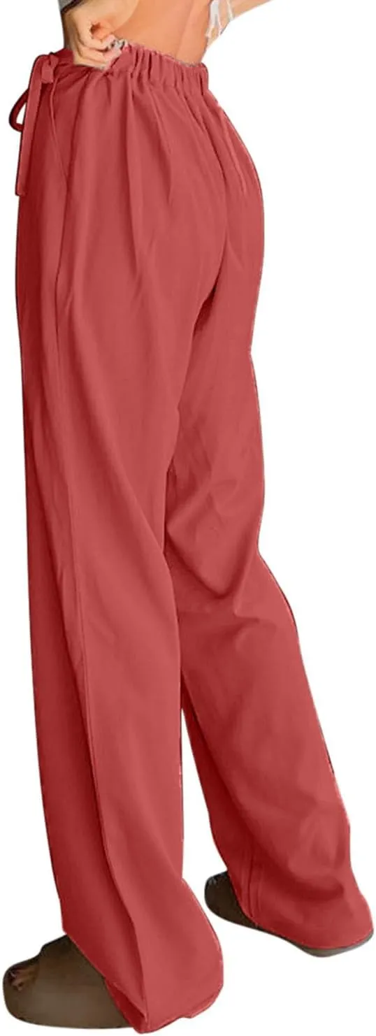 Womens Linen Pants Straight Leg High Waist Linen Pants Women Summer Dressy Drawstring Wide Leg Flowy Pants Trousers