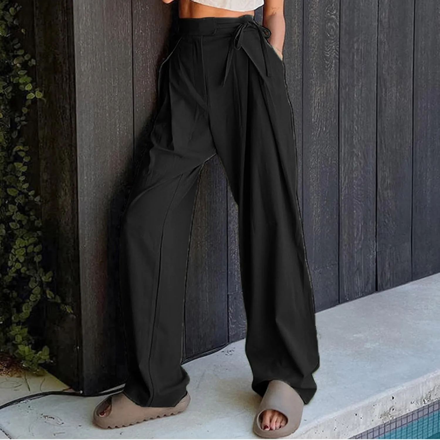 Womens Linen Pants Straight Leg High Waist Linen Pants Women Summer Dressy Drawstring Wide Leg Flowy Pants Trousers